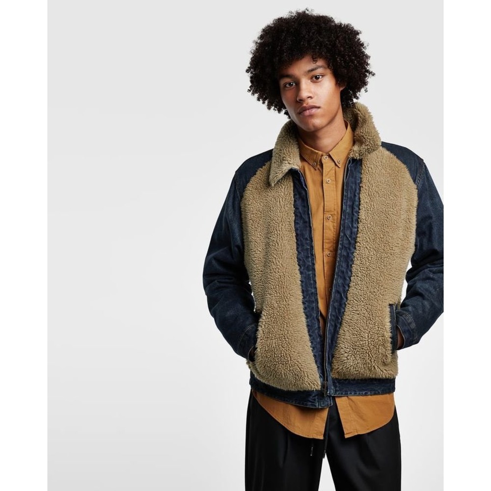 Zara Man Denim Faux Shearling Mixed Media Jacket Dark Wash Tan Small